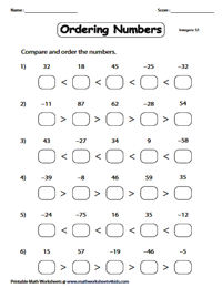Comparing and Ordering Integers Worksheets