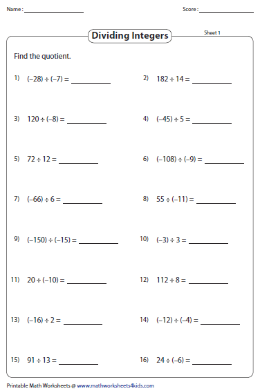 Integer Multiplication And Division Worksheet