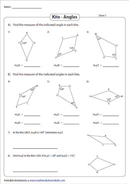 Finding Angles of a Kite using Properties Worksheets