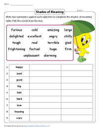 Shades of Meaning Worksheets