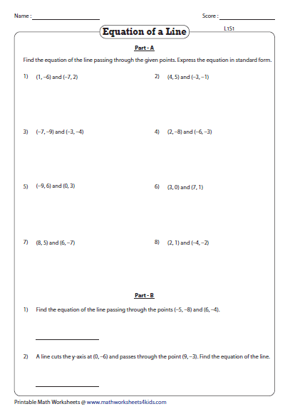 Equation of a Line Passing Through Two Points Worksheets