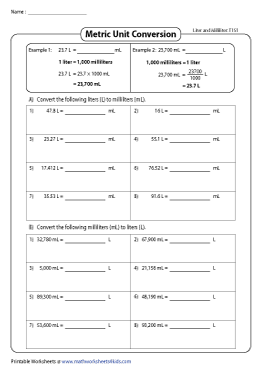 Convert between Milliliter and Liter Worksheets