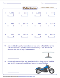 Multiplying 3 or 4 Digits by Single-Digit - With Word Problems