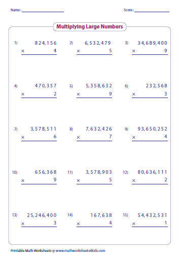 Multiplying Large Numbers Worksheets 7BF