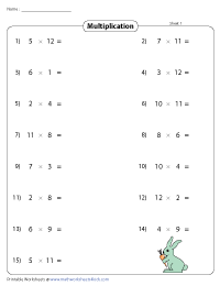 Multiplying Numbers from 1 to 12 - Horizontal