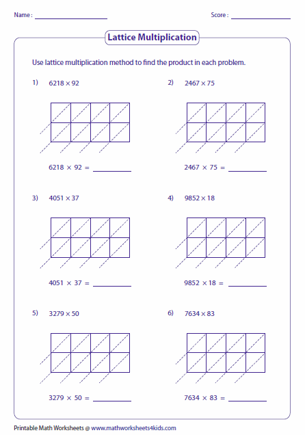 3 Digit By 1 Digit Lattice Multiplication Worksheets