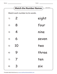 Match the Numbers with Number Words - 0 to 10