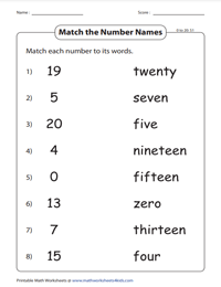 Match the Numbers with Number Words - 0 to 20
