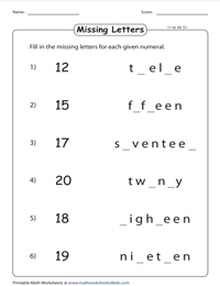 Fill in the Missing Letters - 11 to 20