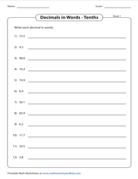 Decimal Number Names Worksheets