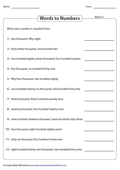 numbers in words thousands worksheets 4 digit 5 digit