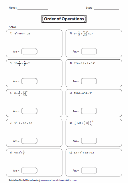 Order of Operations Worksheets
