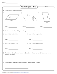 Area of Parallelograms Worksheets