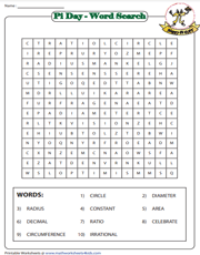 Pi Day Word Search Worksheet