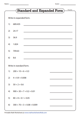 standard form worksheets pdf Decimals in Standard and Expanded Form Worksheets