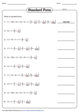 Decimals in Standard and Expanded Form Worksheets