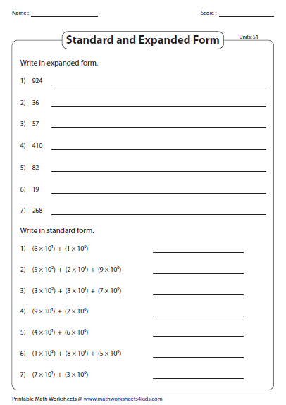 Standard And Expanded Exponential Form Place Value Worksheets