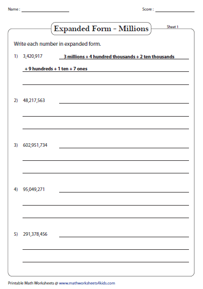 Writing Numbers In Millions In Expanded Form Worksheet