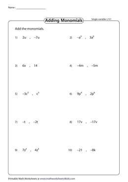 Adding Monomials Worksheets