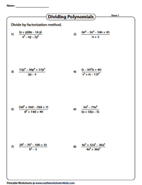 Dividing Polynomials Worksheets