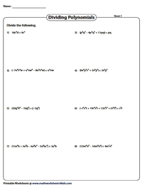 Dividing Polynomials Worksheets
