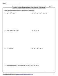 Factoring Polynomials Worksheets