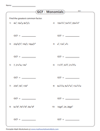 Greatest Common Factor (GCF) of Polynomials Worksheets