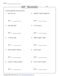 Greatest Common Factor (GCF) of Polynomials Worksheets