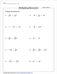 Multiplying Monomials Worksheets