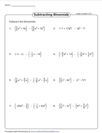 Subtracting Binomials: Single-variable - Level 2