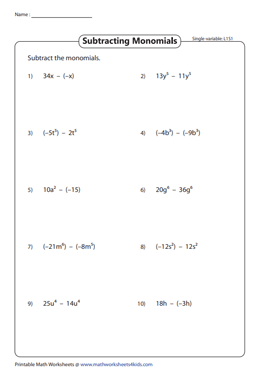 Subtracting Monomial - Single-Variable: Level 1
