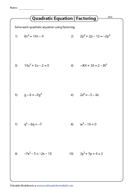 Solving Quadratic Equations by Factoring Worksheets