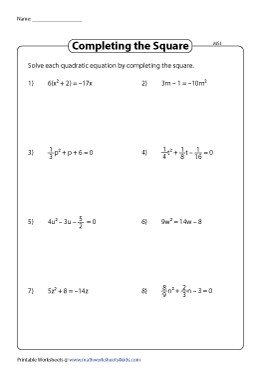 Solving Quadratic Equations by Completing the Squares Worksheets