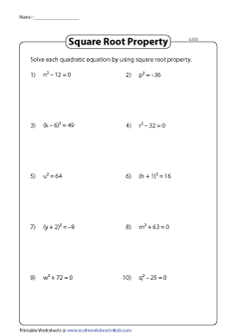 Solving Quadratic Equations by Taking Square Roots Worksheets