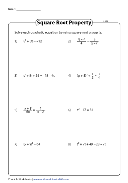 Solving Quadratic Equations by Taking Square Roots Worksheets