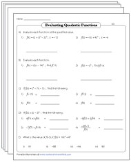 Evaluating Quadratic Functions Worksheets