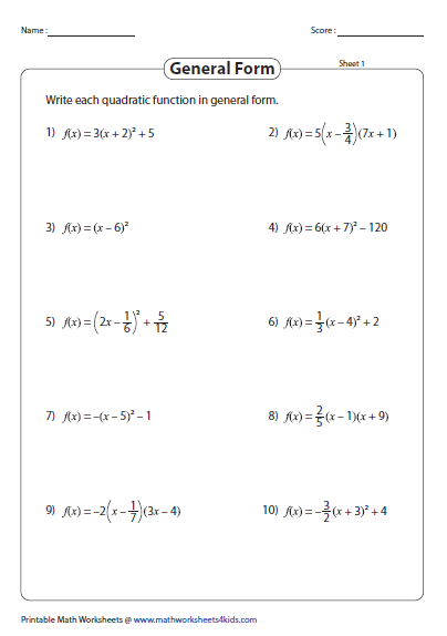Quadratic Function Worksheets
