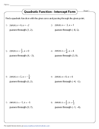 Quadratic Function Worksheets