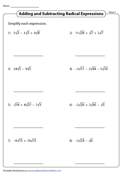 Adding And Subtracting Radical Expressions Worksheets