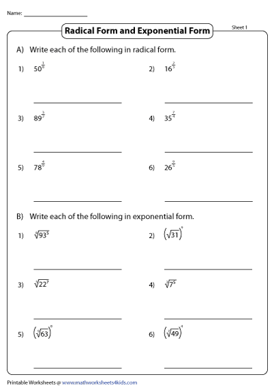 Convert between Radical and Exponential Form Worksheets