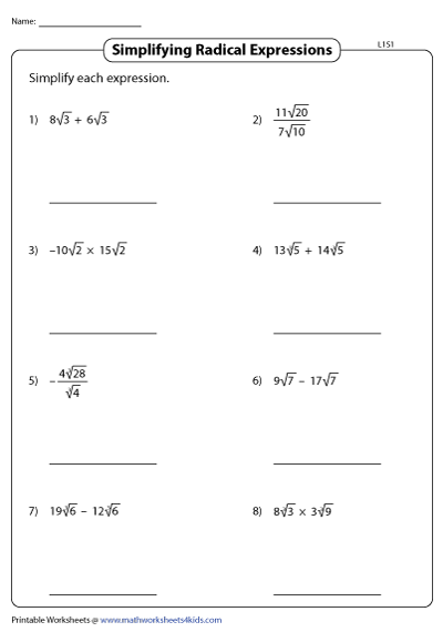 Adding And Subtracting Radicals Worksheet Math 10 And 11 Multiplying 
