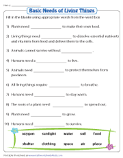 Needs of Plants and Animals Worksheets