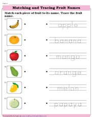 Tracing Fruit Names and Matching Fruit Pictures to Names