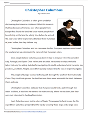 Reading Comprehension | Christopher Columbus