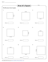 Area of Squares Worksheets