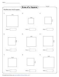 Area of Squares Worksheets