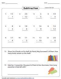 Column Subtraction up to 20: With Word Problems