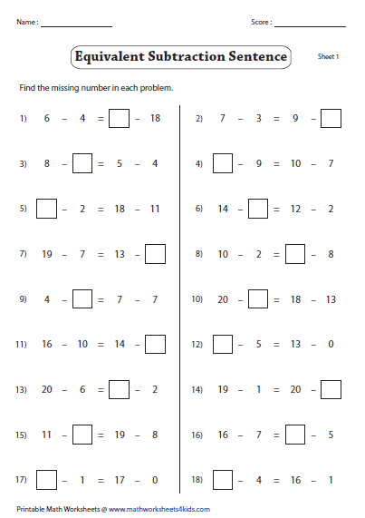 0 to 20 Subtraction Worksheets
