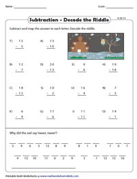 0 to 20 Subtraction Riddles