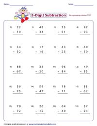 2-Digit Subtraction Worksheets | Subtraction within 100